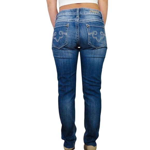 Y2k ReRock for Express Embroidered Pocket Raw Hem Skinny Jeans Size 2 27" - Picture 8 of 9
